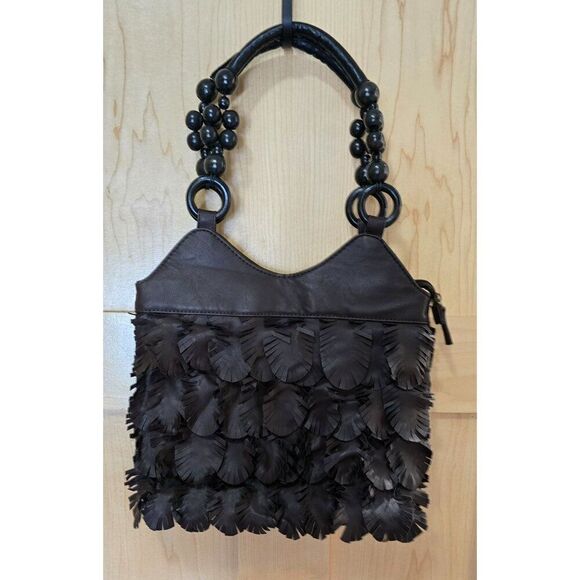 Fringe Leather Tote Bag With Beaded Handles Brown & Black Accents GAL Y2K - Picture 4 of 9